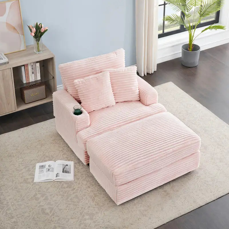 Pink Corduroy Reclining Armchair with Ottoman & Cup Holder – 1-Seat