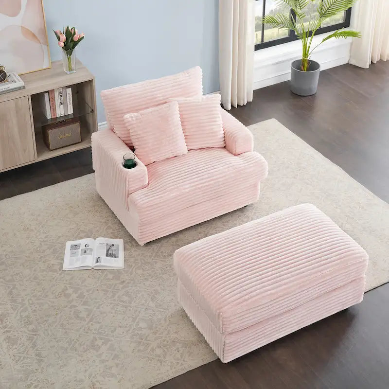 Pink Corduroy Reclining Armchair with Ottoman & Cup Holder – 1-Seat