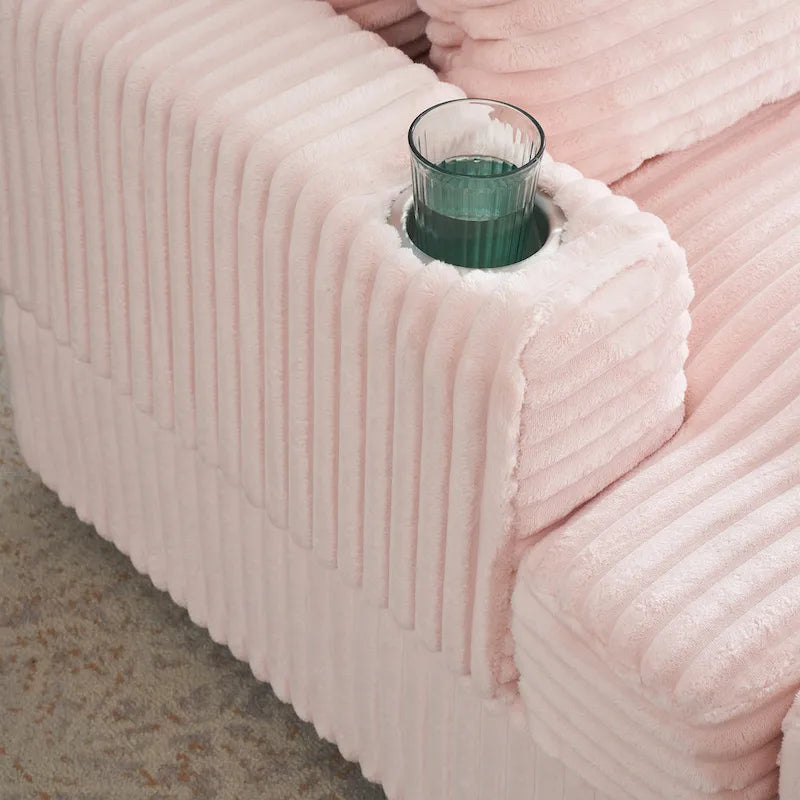 Pink Corduroy Reclining Armchair with Ottoman & Cup Holder – 1-Seat