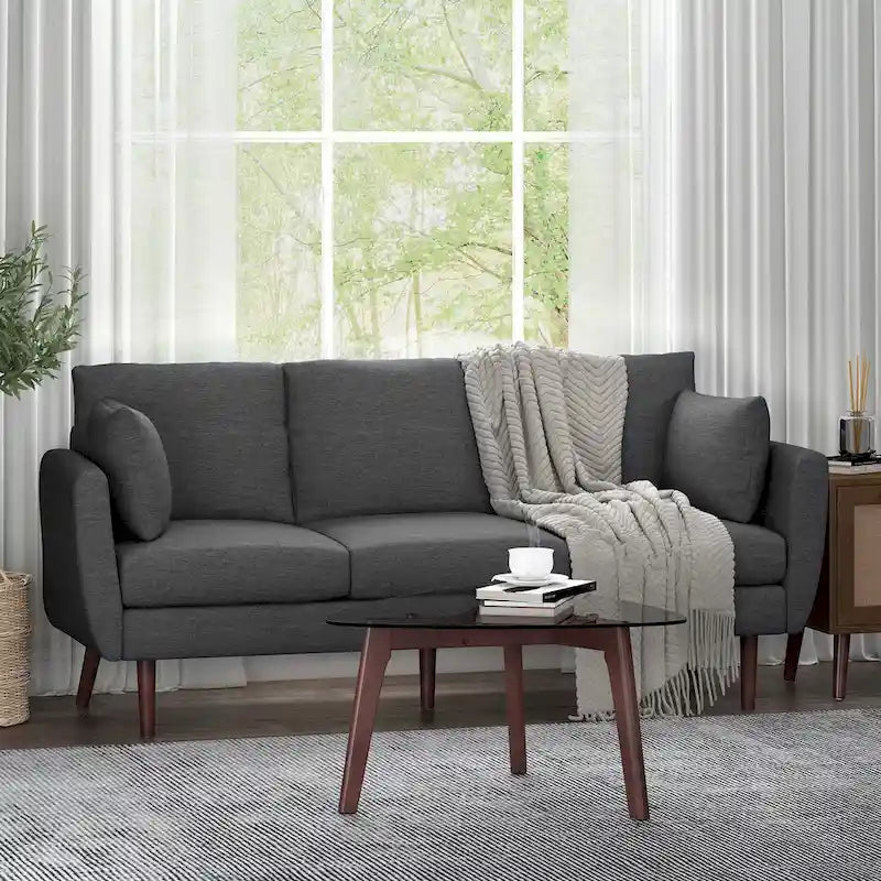 Charcoal Fabric 3-Seater Sofa with Pillow Back and Birchwood Legs