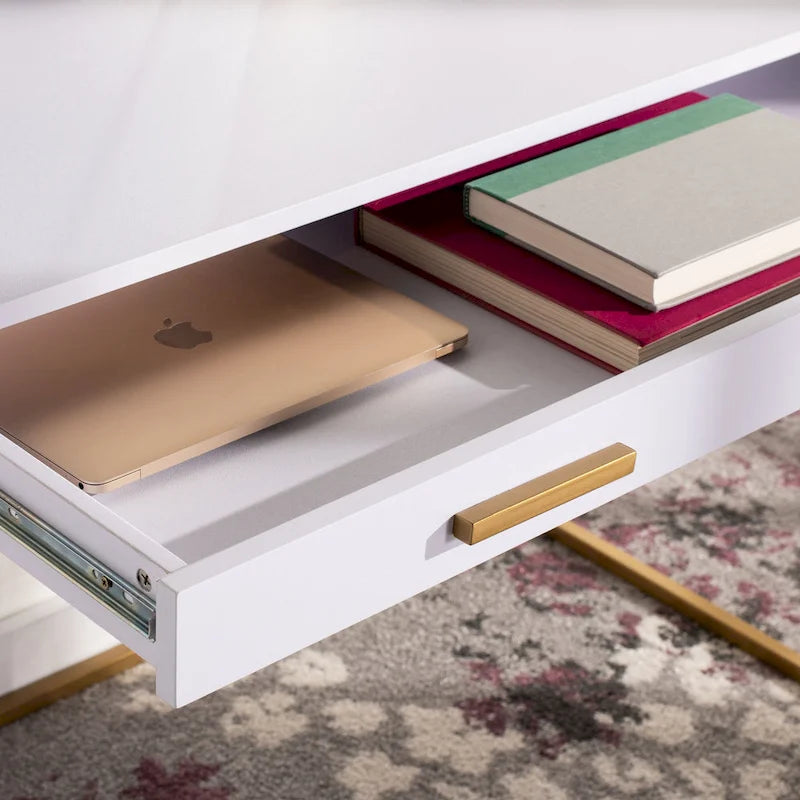 White & Gold 1-Drawer Console Desk with Metal Frame – 1-Person