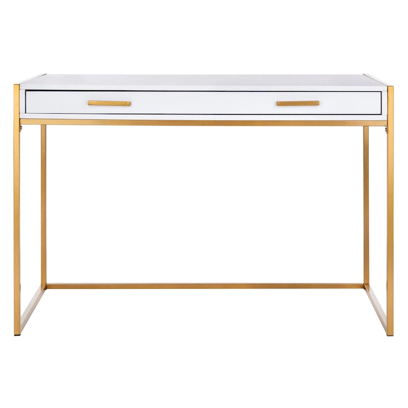 White & Gold 1-Drawer Console Desk with Metal Frame – 1-Person