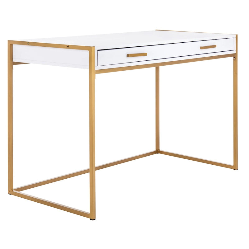 White & Gold 1-Drawer Console Desk with Metal Frame – 1-Person
