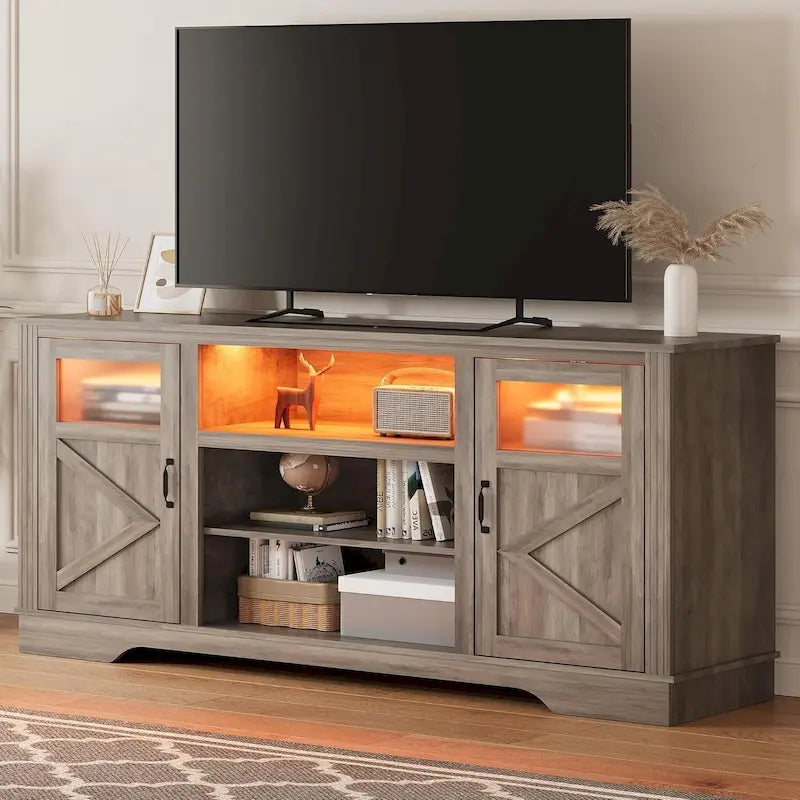 White / Grey / Black TV Stand with LED Lighting & Glass Doors, Fits up to 65 in