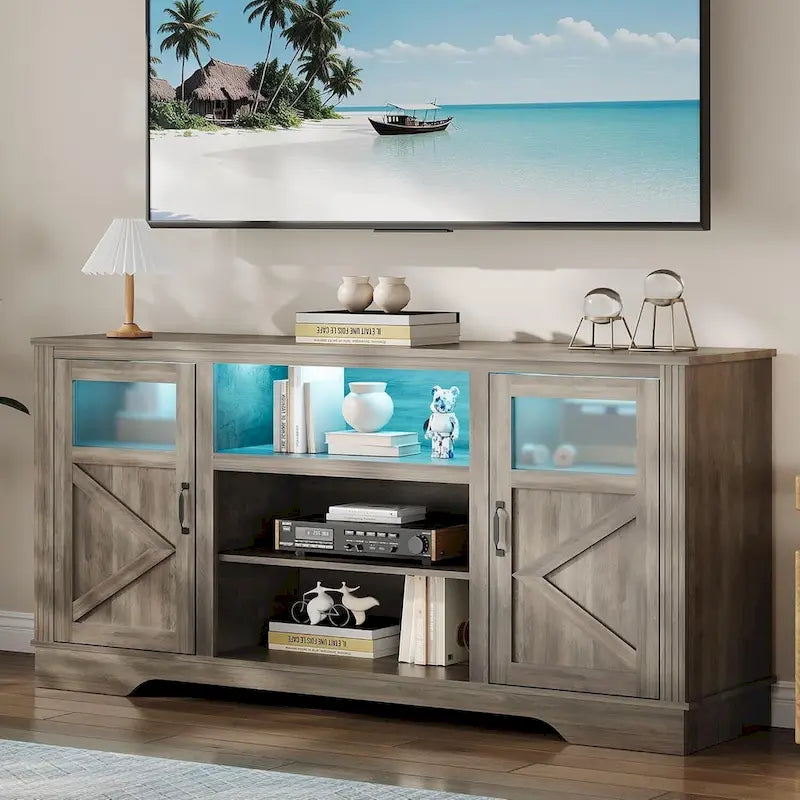 White / Grey / Black TV Stand with LED Lighting & Glass Doors, Fits up to 65 in