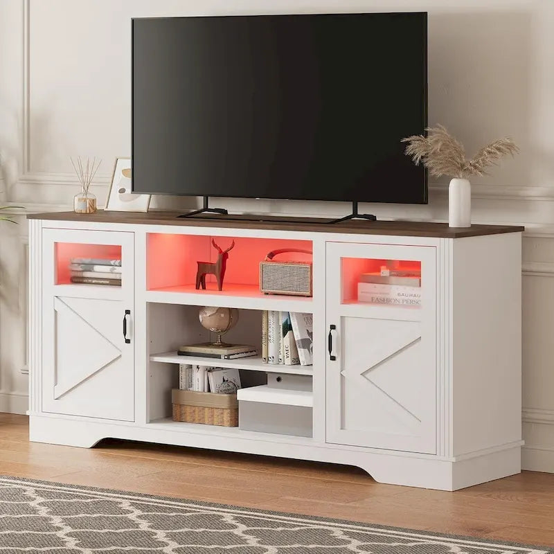 White / Grey / Black TV Stand with LED Lighting & Glass Doors, Fits up to 65 in