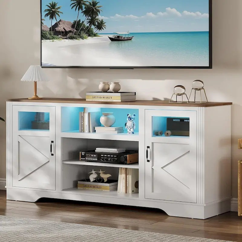 White / Grey / Black TV Stand with LED Lighting & Glass Doors, Fits up to 65 in