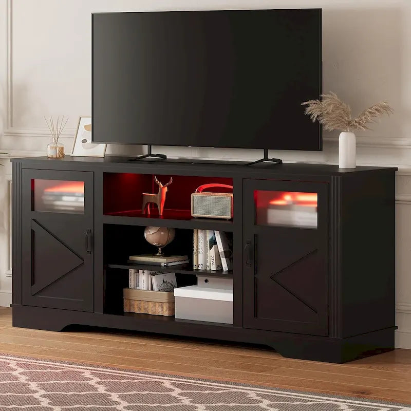 White / Grey / Black TV Stand with LED Lighting & Glass Doors, Fits up to 65 in