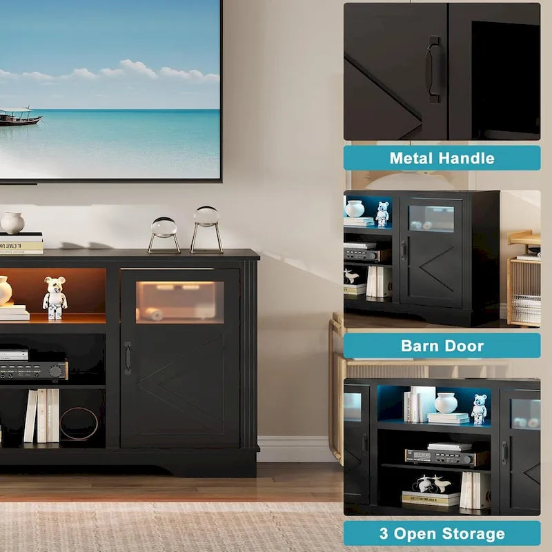 White / Grey / Black TV Stand with LED Lighting & Glass Doors, Fits up to 65 in