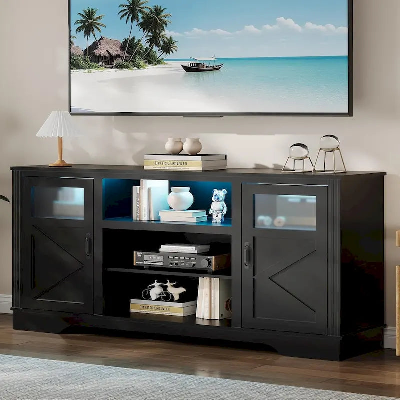 White / Grey / Black TV Stand with LED Lighting & Glass Doors, Fits up to 65 in