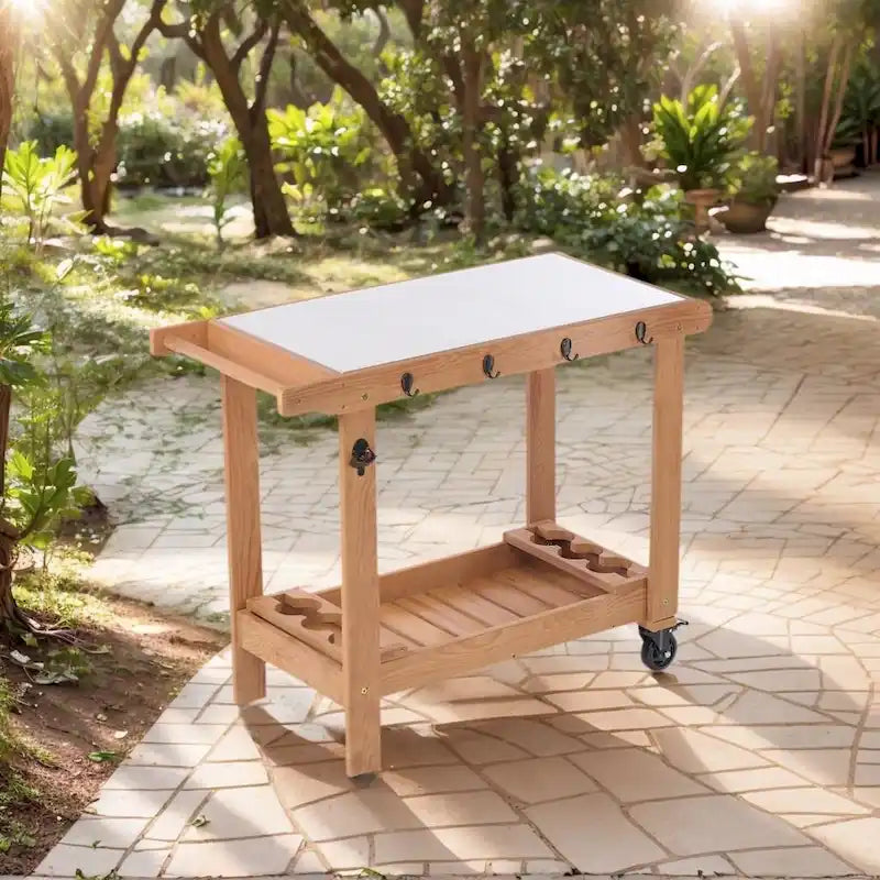 Outdoor Wooden Grill Cart Table with Wheels