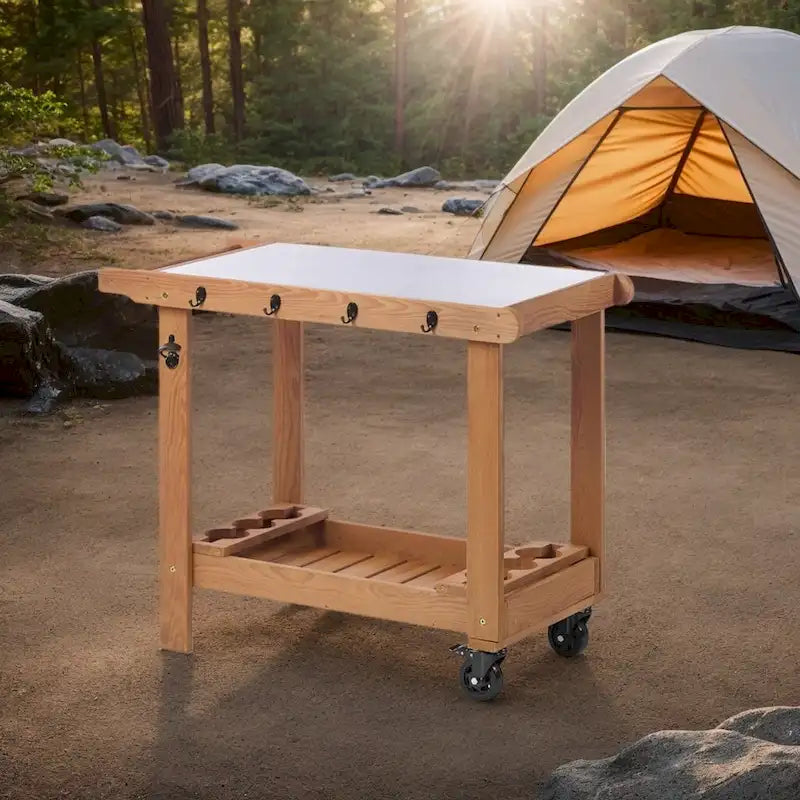 Brown Hemlock Wood & Stainless Steel 2-Shelf Outdoor Grill Cart with Wheels, Hooks & Bottle Opener