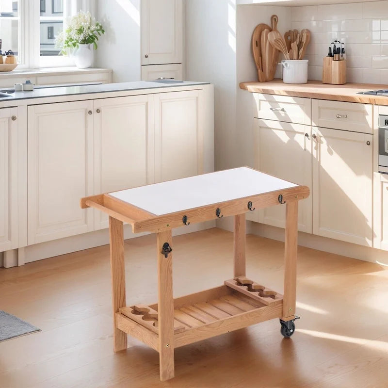 Brown Hemlock Wood & Stainless Steel 2-Shelf Outdoor Grill Cart with Wheels, Hooks & Bottle Opener