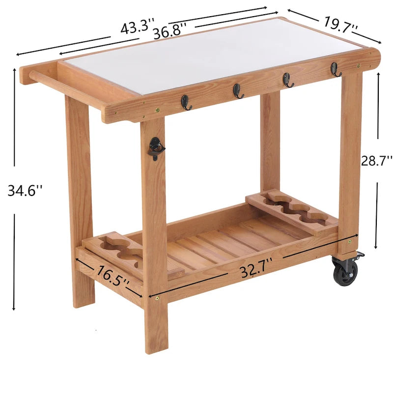 Brown Hemlock Wood & Stainless Steel 2-Shelf Outdoor Grill Cart with Wheels, Hooks & Bottle Opener