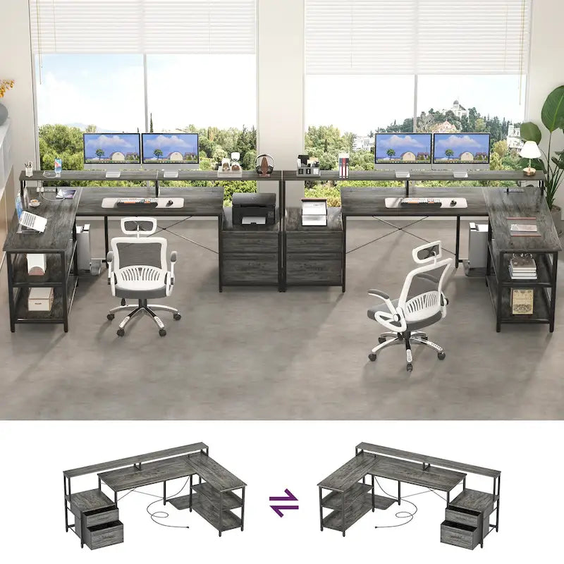 Multi-Color Reversible L-Shaped Desk with Monitor Stand, RGB LED & Charging Station – 1-Person
