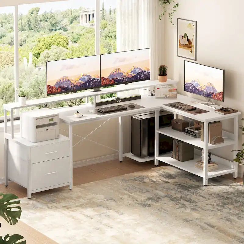 Multi-Color Reversible L-Shaped Desk with Monitor Stand, RGB LED & Charging Station – 1-Person