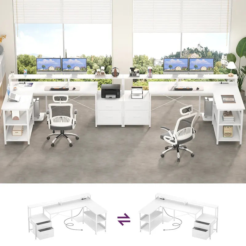 Multi-Color Reversible L-Shaped Desk with Monitor Stand, RGB LED & Charging Station – 1-Person
