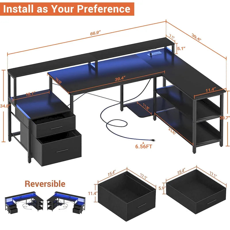 Multi-Color Reversible L-Shaped Desk with Monitor Stand, RGB LED & Charging Station – 1-Person