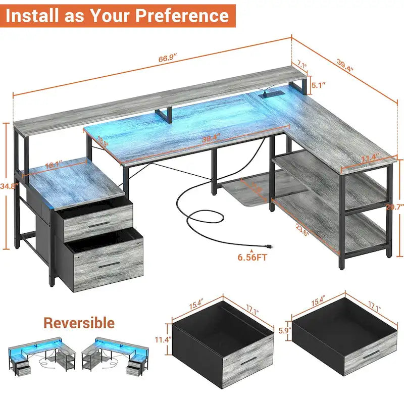 Multi-Color Reversible L-Shaped Desk with Monitor Stand, RGB LED & Charging Station – 1-Person