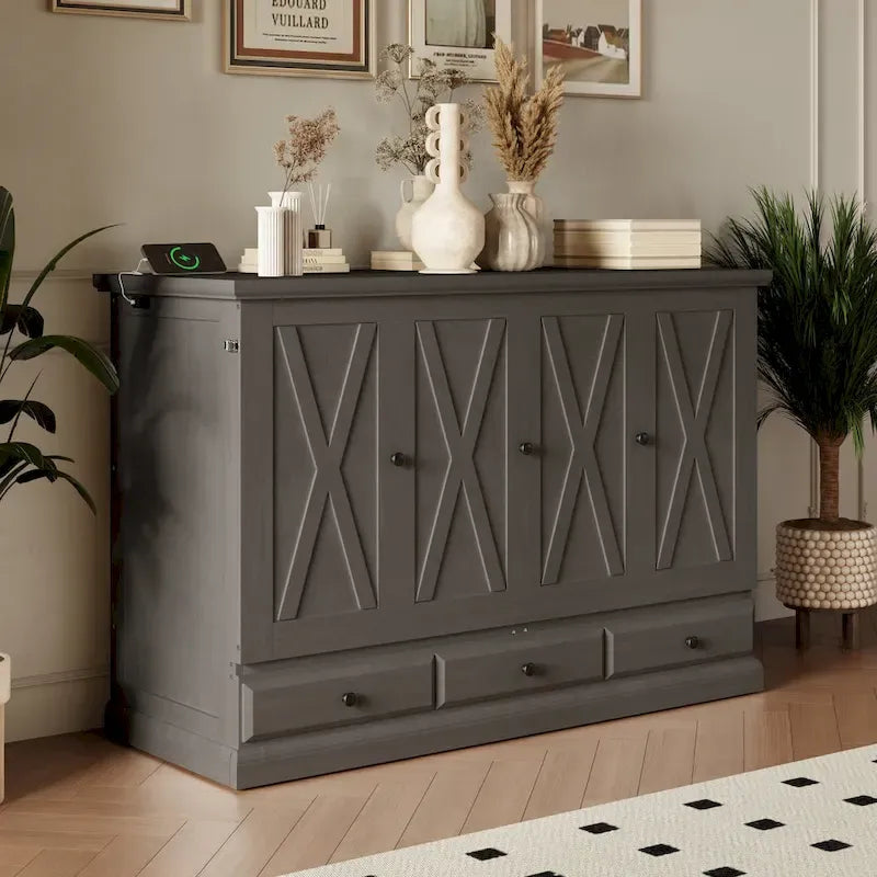 Gray Queen Murphy Bed Cabinet for 1 Person – with Storage Drawer & USB Charging