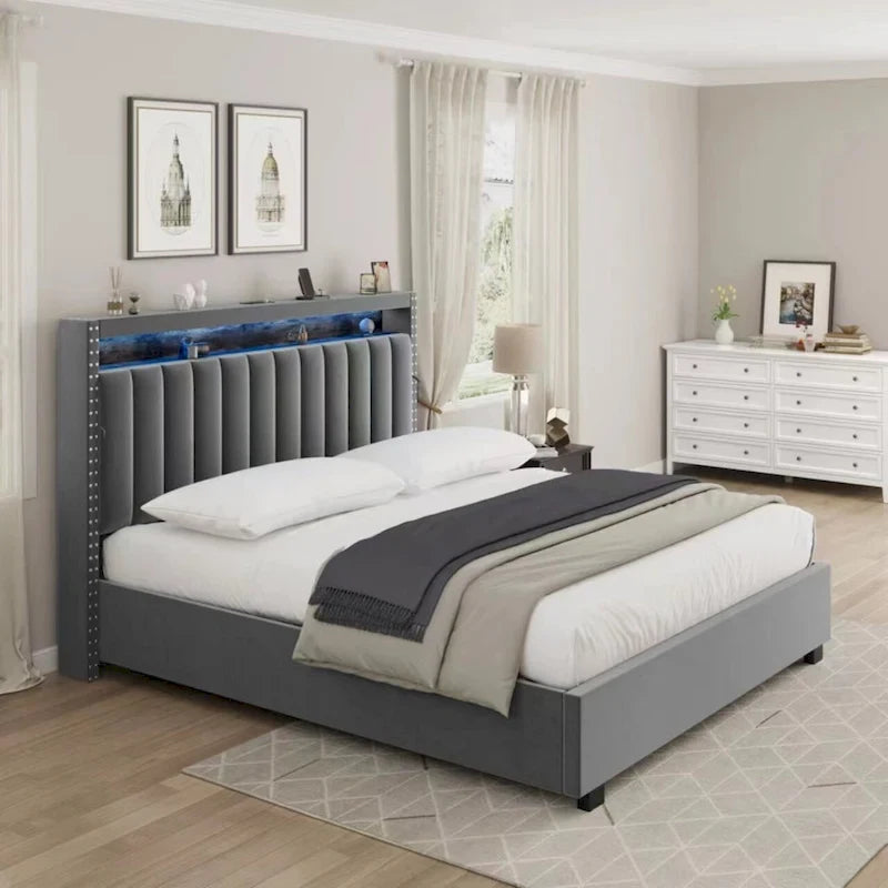Dark Grey / Blue Linen Upholstered Gas Lift Storage Bed with LED Headboard, Shelf & Outlets – Full / Queen / King