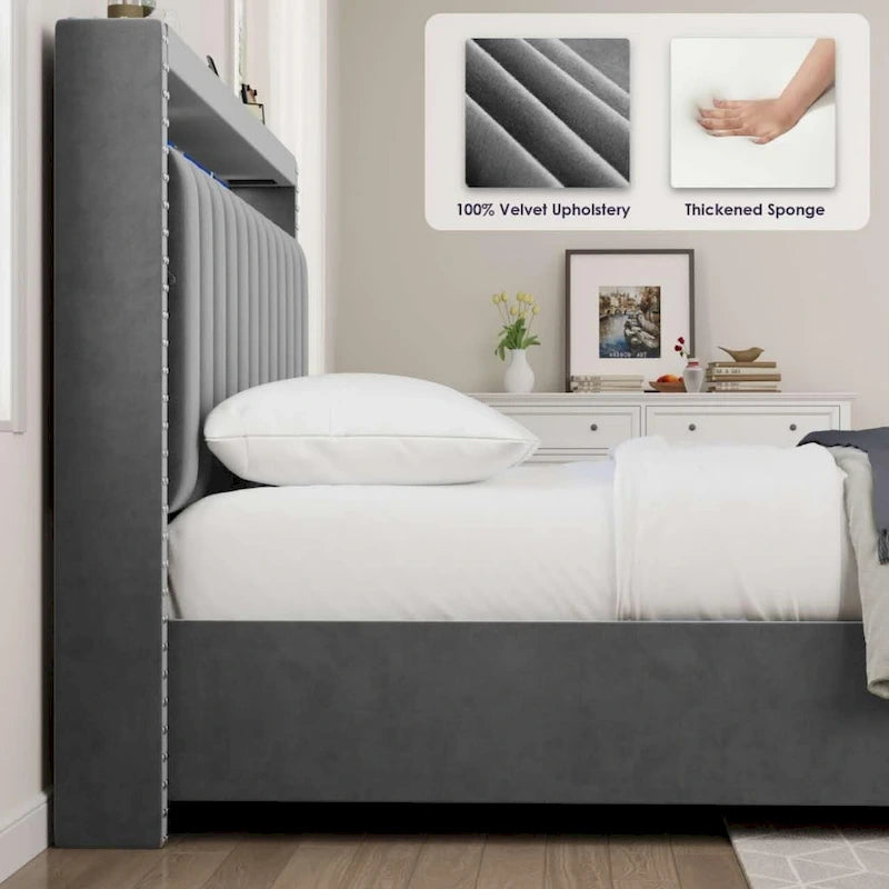 Dark Grey / Blue Linen Upholstered Gas Lift Storage Bed with LED Headboard, Shelf & Outlets – Full / Queen / King