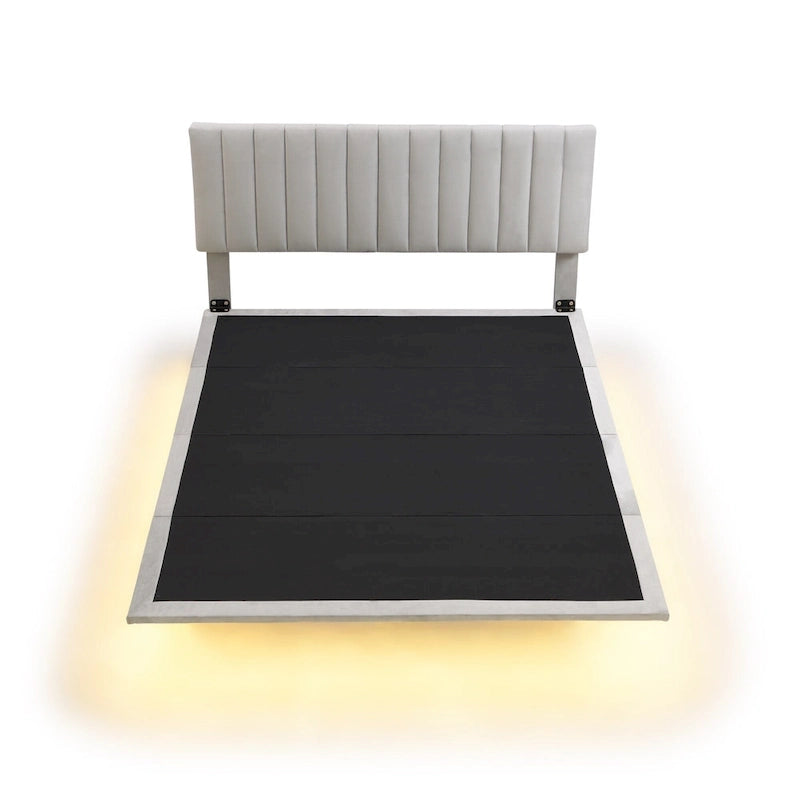 Gray Queen Velvet Upholstered Platform Bed with Motion Sensor Light & Headboard – 2-Person