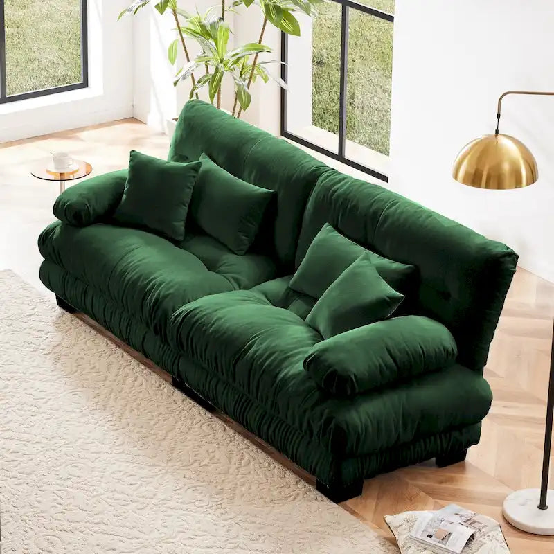 Green Chenille 2-Seater Sofa with Bolster Arms, Lumbar & Throw Pillows