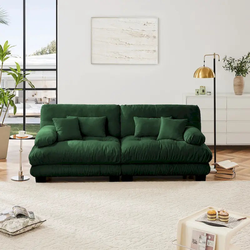 Green Chenille 2-Seater Sofa with Bolster Arms, Lumbar & Throw Pillows