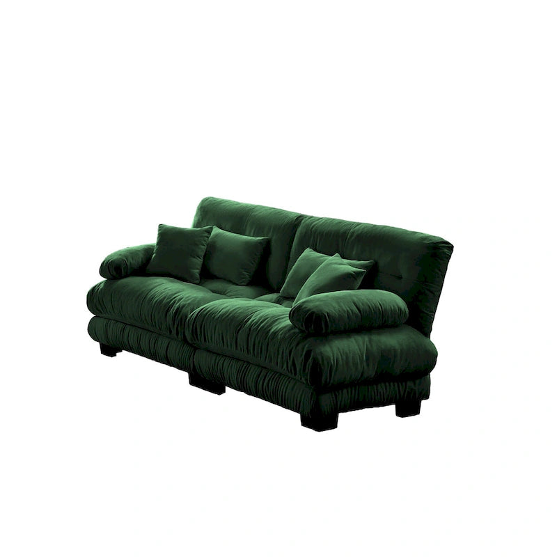 Green Chenille 2-Seater Sofa with Bolster Arms, Lumbar & Throw Pillows
