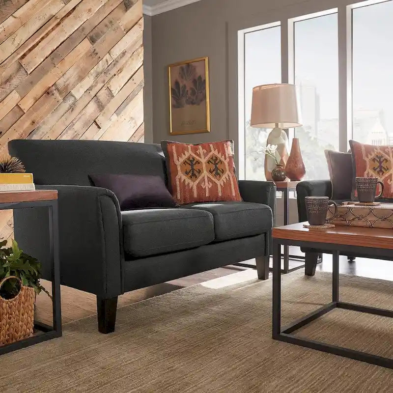 Cushion Back Loveseat with Flared Arms – Fabric & Faux Leather, 2-Seat, Multiple Colors