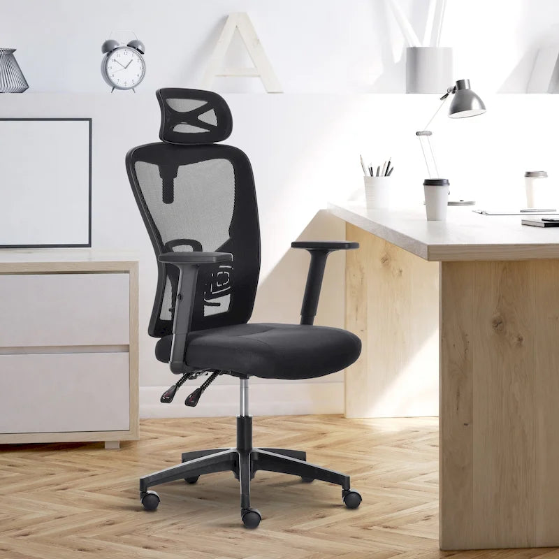 Black High-Back Mesh Office Chair with Headrest & Armrests, 1-Person