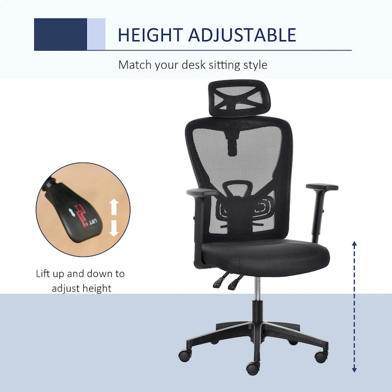 Black High-Back Mesh Office Chair with Headrest & Armrests, 1-Person