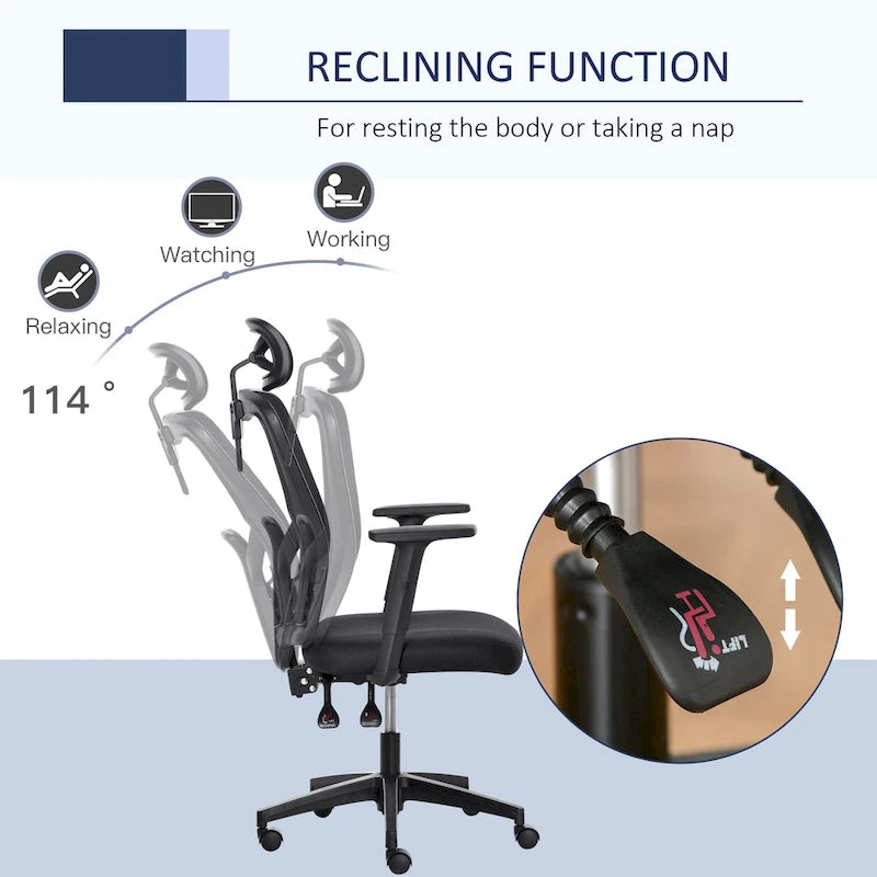 Black High-Back Mesh Office Chair with Headrest & Armrests, 1-Person