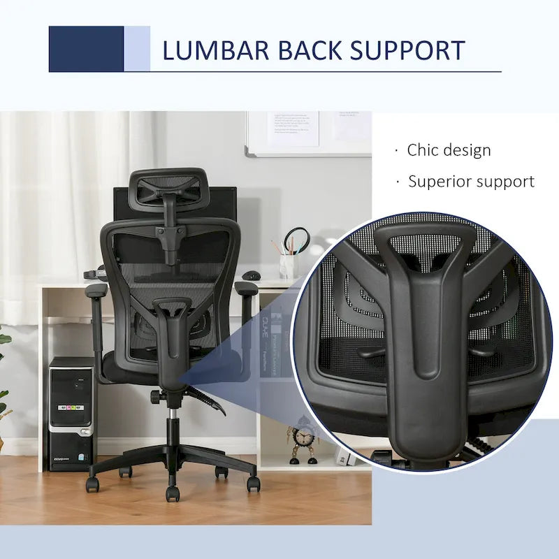 Black High-Back Mesh Office Chair with Headrest & Armrests, 1-Person