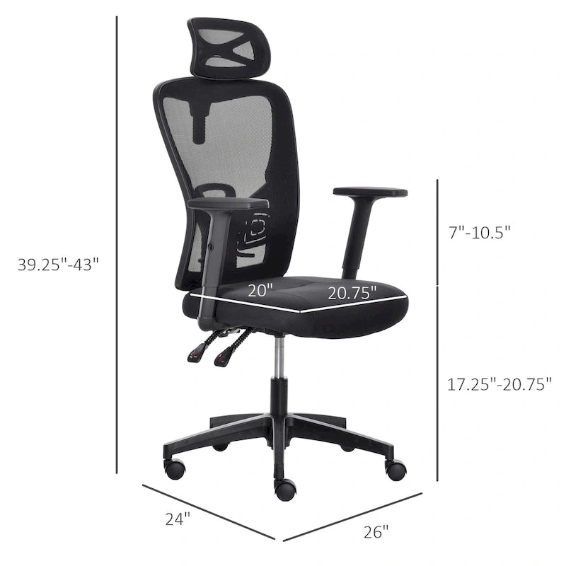 Black High-Back Mesh Office Chair with Headrest & Armrests, 1-Person