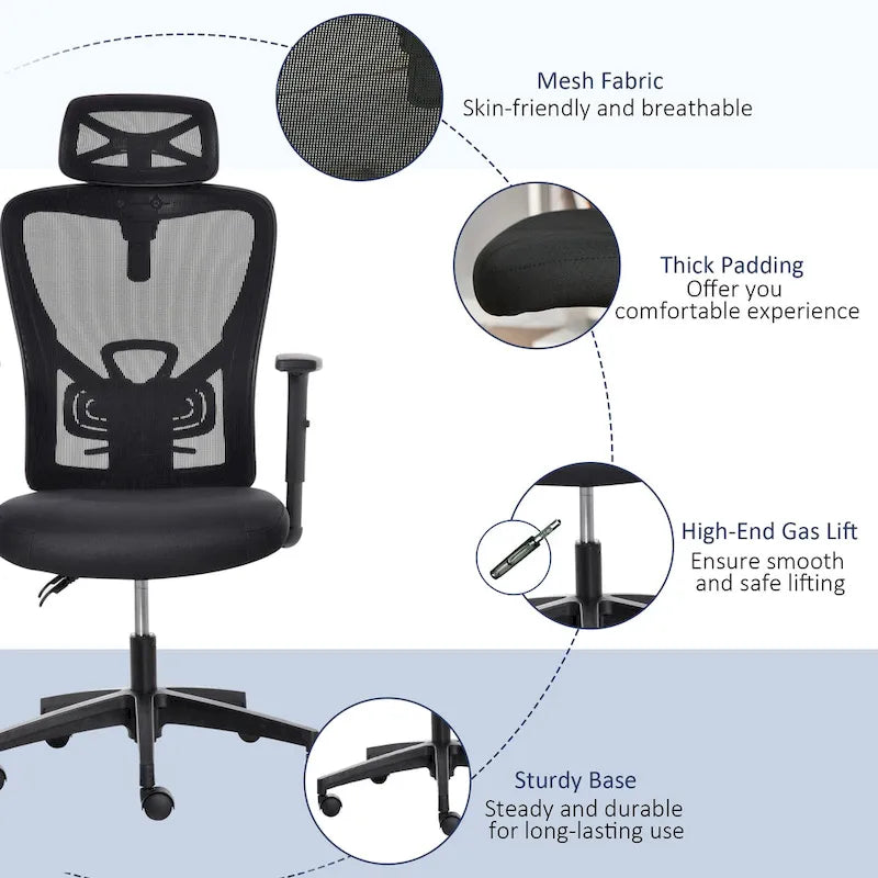 Black High-Back Mesh Office Chair with Headrest & Armrests, 1-Person