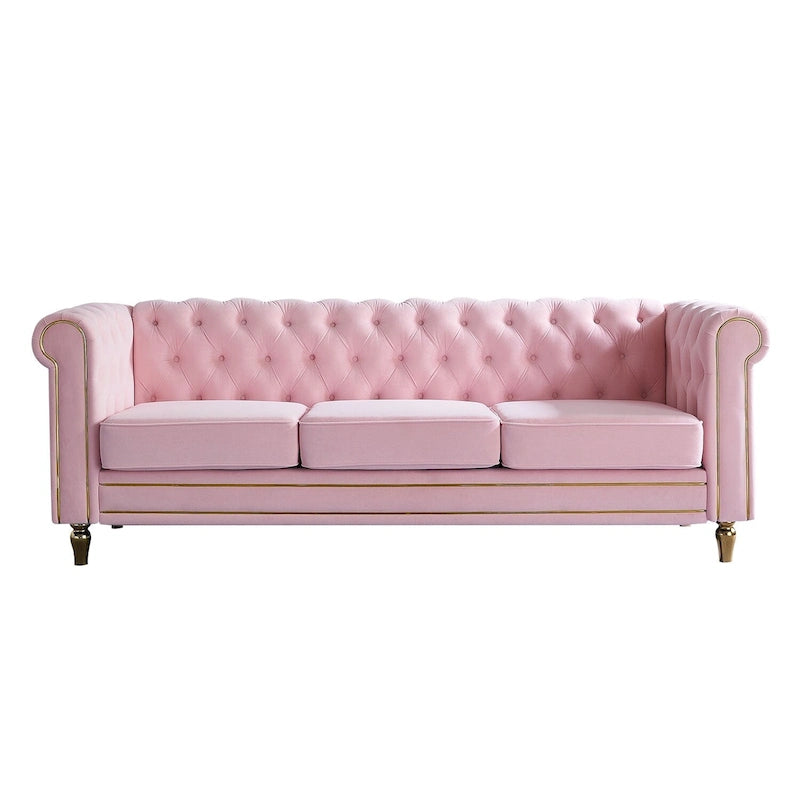 Green / Pink Velvet Chesterfield Sofa with Gold Trim & Button Tufting – 2-Seat