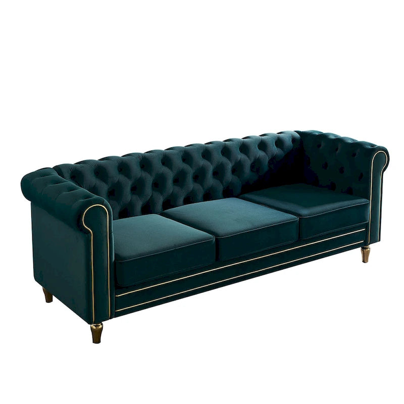 Green / Pink Velvet Chesterfield Sofa with Gold Trim & Button Tufting – 2-Seat