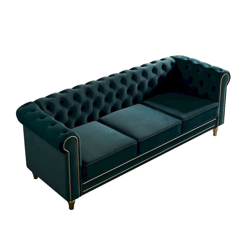 Green / Pink Velvet Chesterfield Sofa with Gold Trim & Button Tufting – 2-Seat