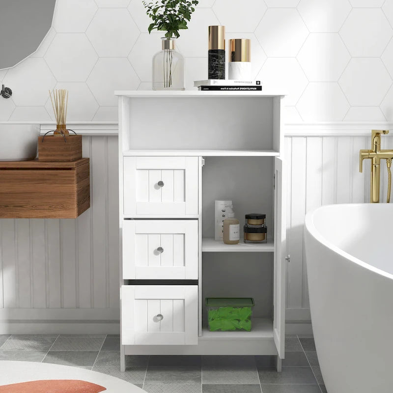White Freestanding Storage Cabinet, 3 Drawers & 1 Door, Single Use