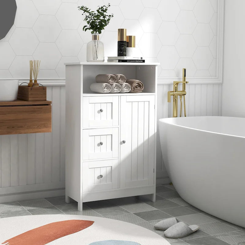 White Freestanding Storage Cabinet, 3 Drawers & 1 Door, Single Use