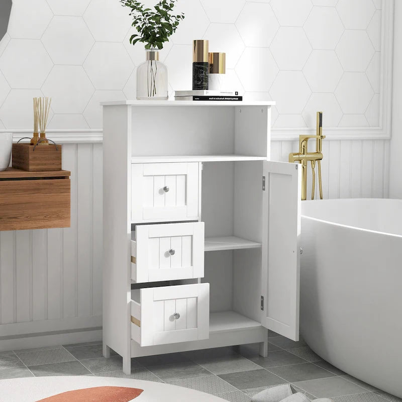 White Freestanding Storage Cabinet, 3 Drawers & 1 Door, Single Use