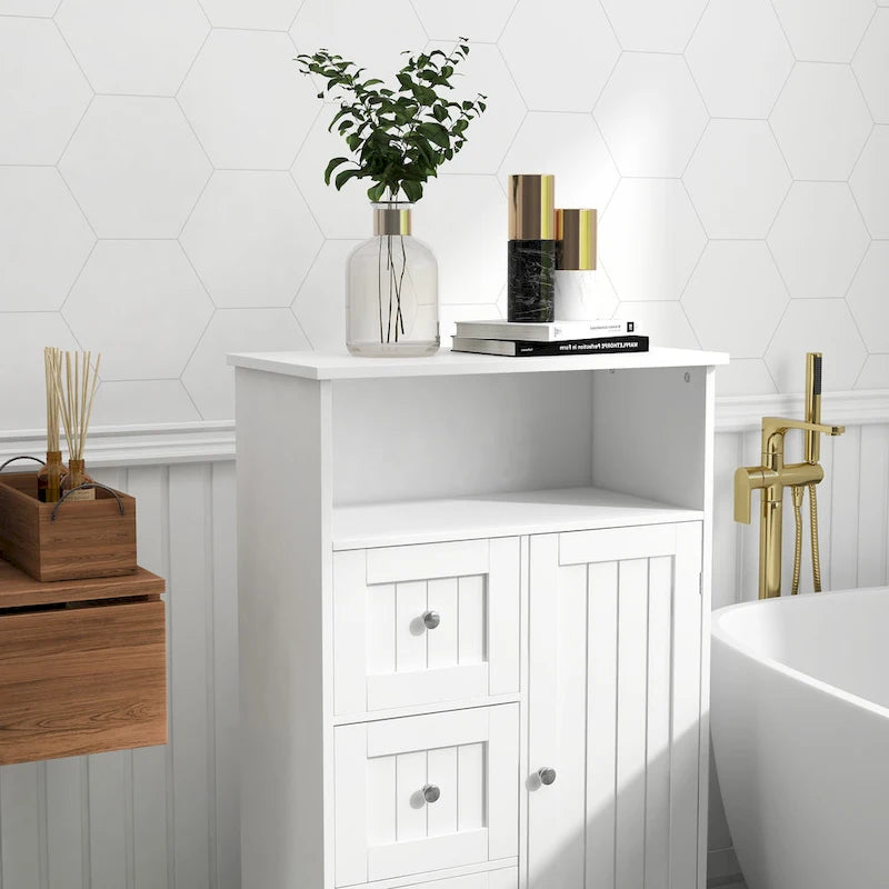 White Freestanding Storage Cabinet, 3 Drawers & 1 Door, Single Use