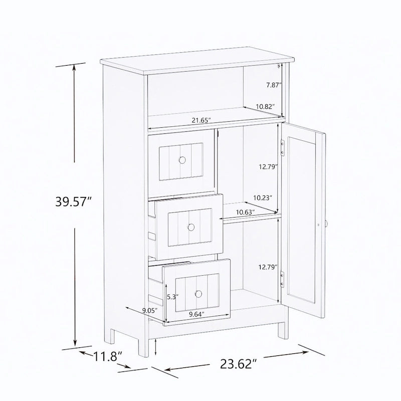 White Freestanding Storage Cabinet, 3 Drawers & 1 Door, Single Use
