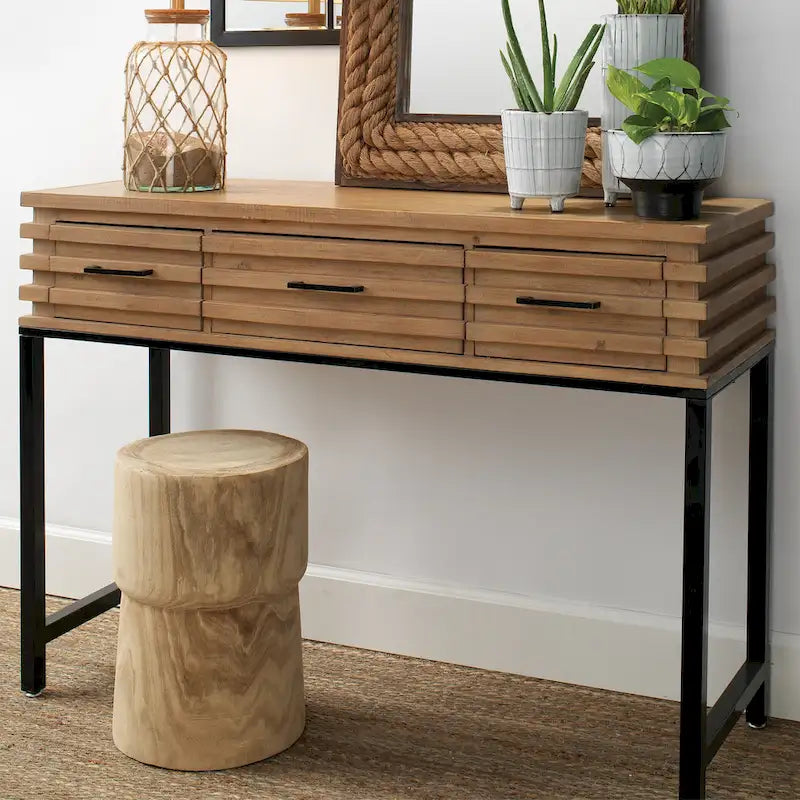 Cherry Brown Slatted Fir Wood Console Table with Black Iron Frame & 3 Drawers – Industrial Style