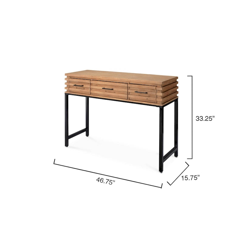 Cherry Brown Slatted Fir Wood Console Table with Black Iron Frame & 3 Drawers – Industrial Style