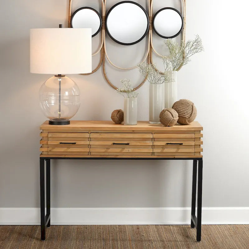 Cherry Brown Slatted Fir Wood Console Table with Black Iron Frame & 3 Drawers – Industrial Style