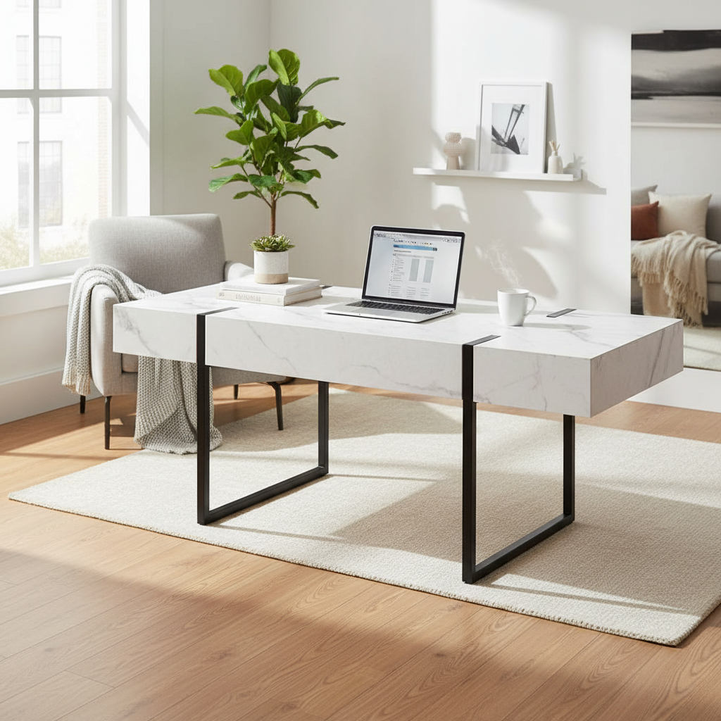 White Faux Marble Top Rectangular Coffee Table, Metal Frame, 1-Seat Living Room