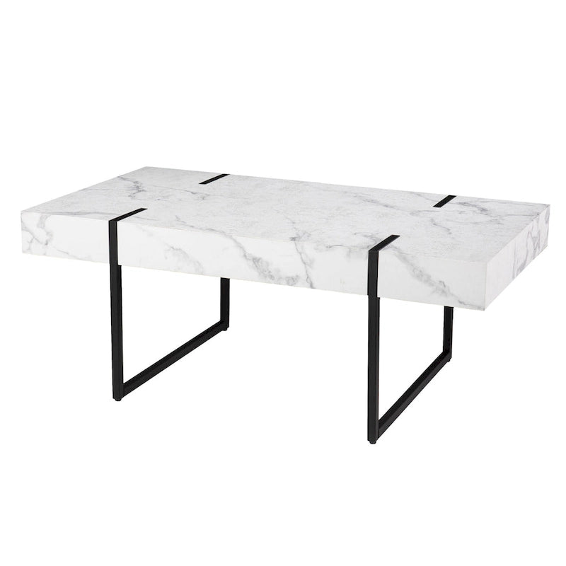 White Faux Marble Top Rectangular Coffee Table, Metal Frame, 1-Seat Living Room